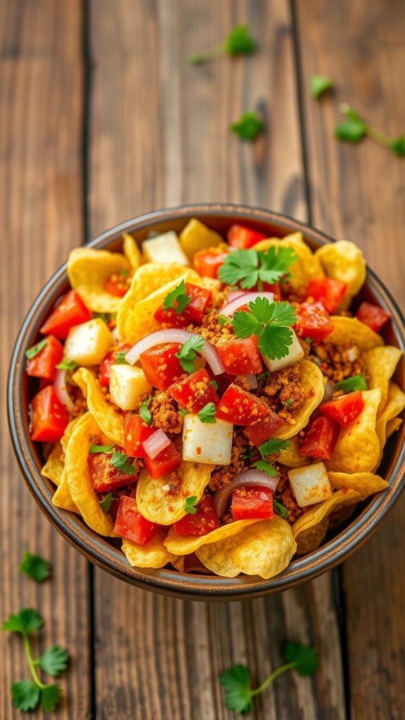 A colorful bowl of Chips Bhel with potato chips, tomatoes, onions, and sev, garnished with coriander.